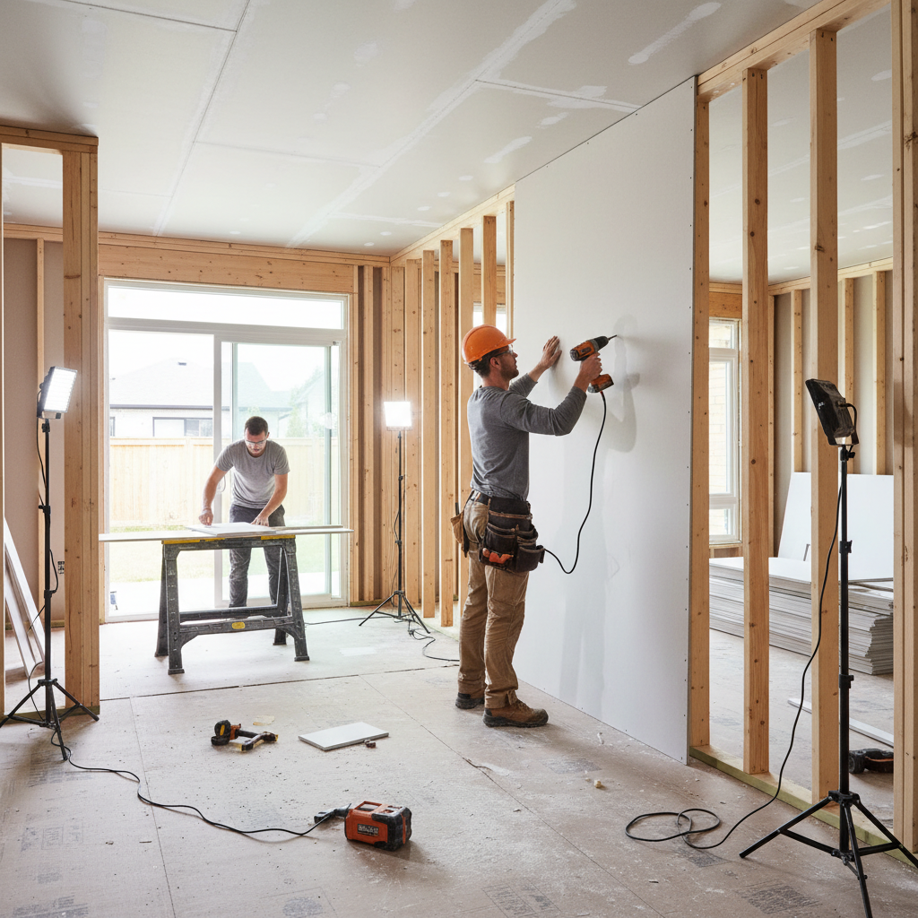 Professional drywall installation in progress, worker applying drywall sheets to wall framing in a residential home, clean and well-lit interior