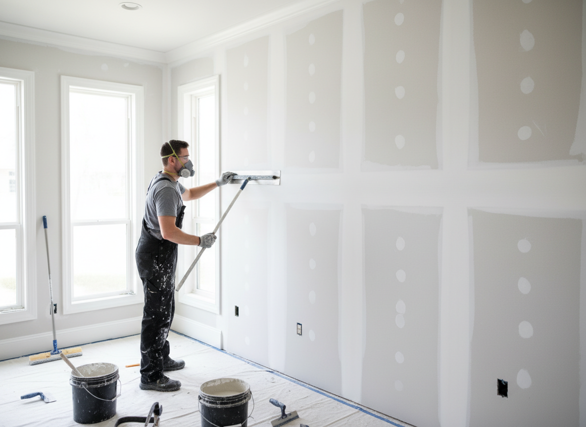 Professional drywall contractor smoothing and finishing drywall seams in a bright residential room