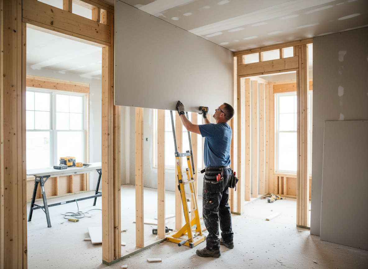 Drywall installer hanging large drywall sheets on wall framing in a new construction home