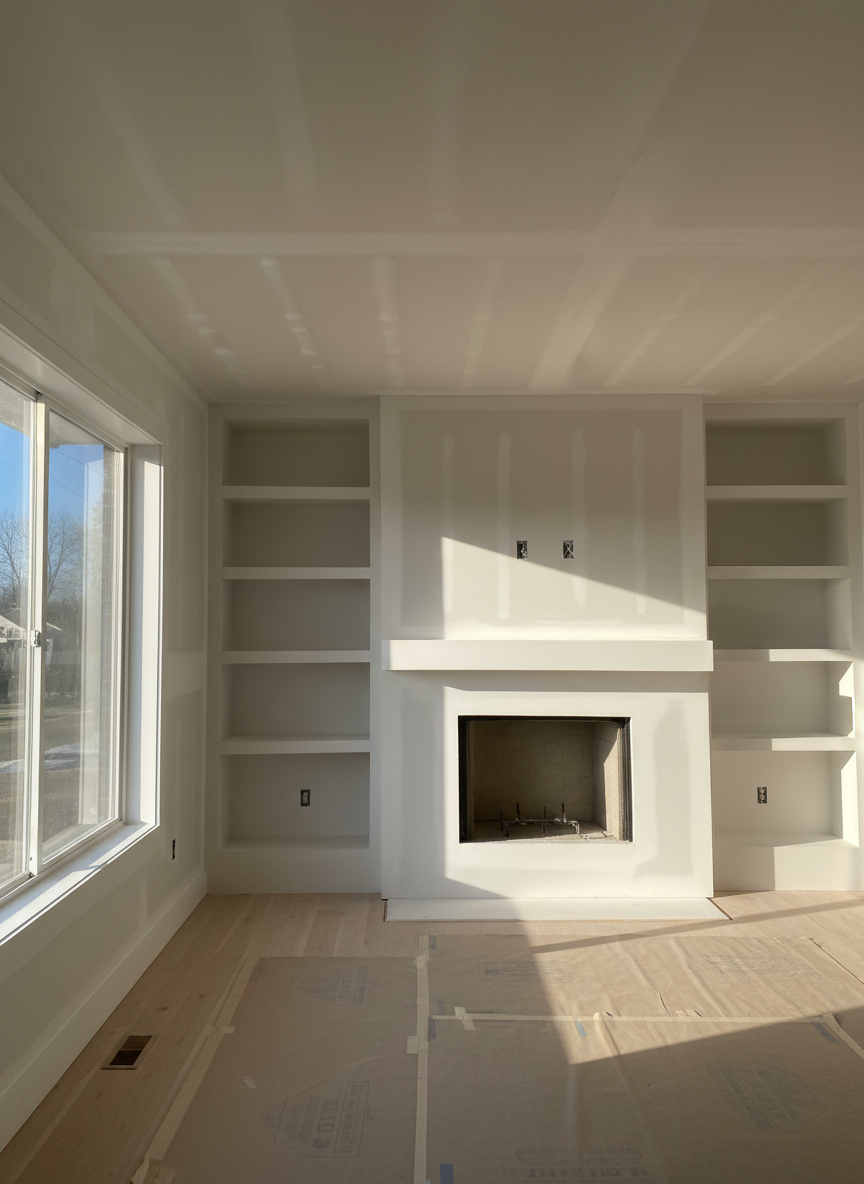 A professional drywall contractor in Holland, Michigan — smooth, freshly finished walls in a bright residential living room, showcasing flawless craftsmanship with clean corners and even surfaces. Photorealistic, warm natural light, no people.